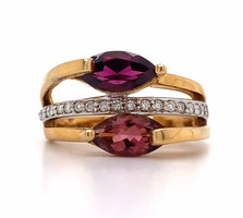  14Kt Yellow Gold Marquise Red Stones with .40 Ctw Diamond Ring