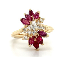  14KT Yellow Gold Marquise Ruby Diamond Cluster Ring Approx 0.12 ctw