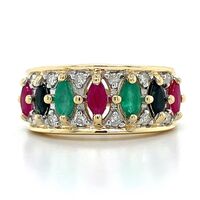  14k Yellow Gold Marquise Ruby Sapphire Emerald & Diamond Band Ring Approx 0.15 