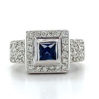  14k White Gold Princess Cut Blue Sapphire W/ Round Diamond Halo Ring 0.5 ctw