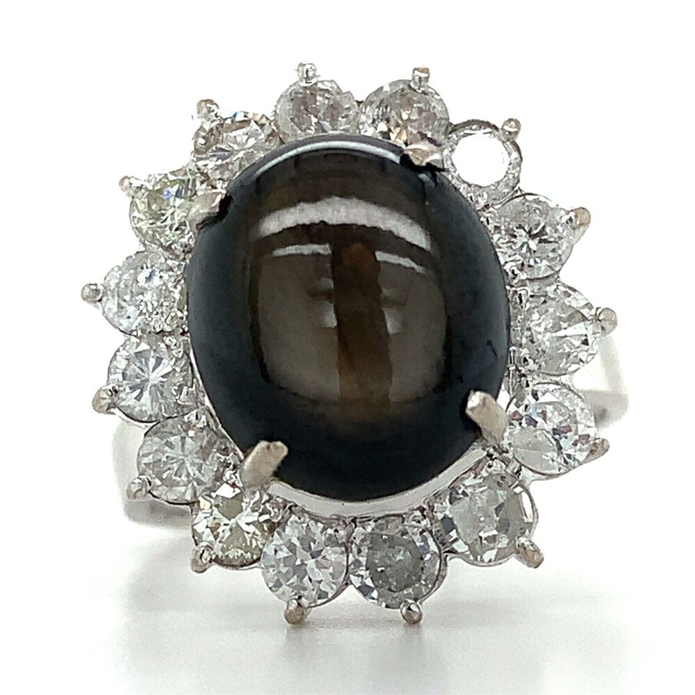  14K White Gold with Black Stone Diamond Cocktail Ring Approx 1 ctw