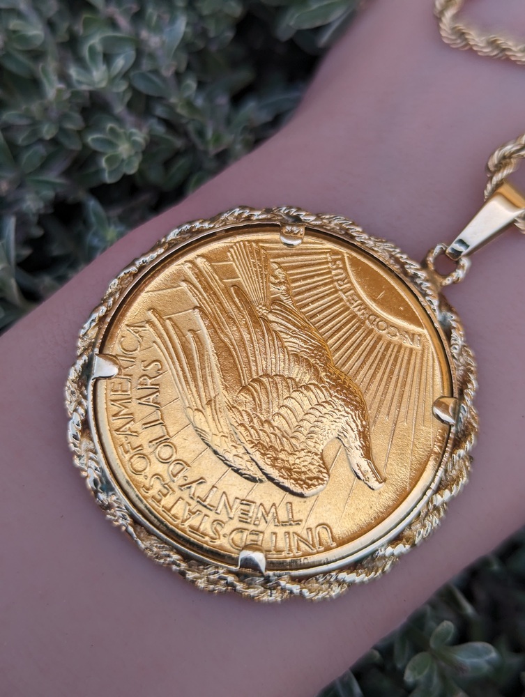 St. Gaudens Gold Double Eagle Pendant Set in 14K Yellow Gold Necklace ...