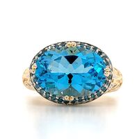  14kt Yellow Gold Blue Oval Topaz Diamond Cocktail Ring Approx 0.35 ctw