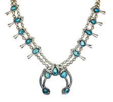 Native American Sterling Silver Squash Bottom Necklace With Turquoise Stones