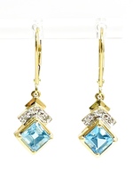  Stunning 14k Yellow Gold Blue Topaz and Diamond Lever-back Drop Earrings