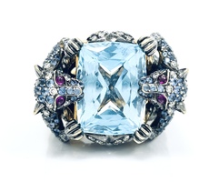 18K Yellow Gold Panther Blue Topaz & Tanzanite Diamond 2.0 ctw Ring Size 8.5