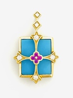  18k Yellow Gold Sleeping Beauty Turquoise Cross with Diamonds and Rubies
