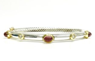 925 Sterling Silver David Yurman Bangle with 18K Gold, Tourmaline, and Diamonds