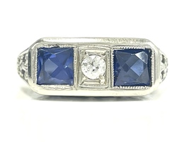 Art Deco Three Stone Old Mine Cut Diamond and Sapphire Ring in 18K White Gold 