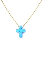  Stay in Faith: 18K Yellow Gold Blue Synthetic Opal Cross Necklace 15.5"