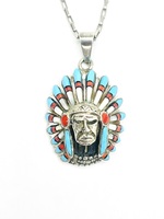 Native American Silver Headdress Turquoise and Mother of Pearl 20" Chain
